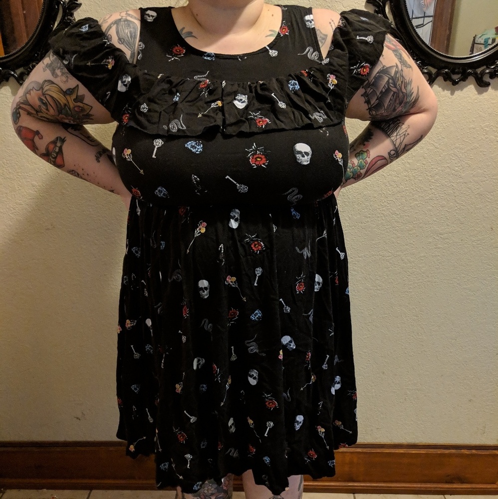 Multi-color challis ruffled cold shoulder dress
